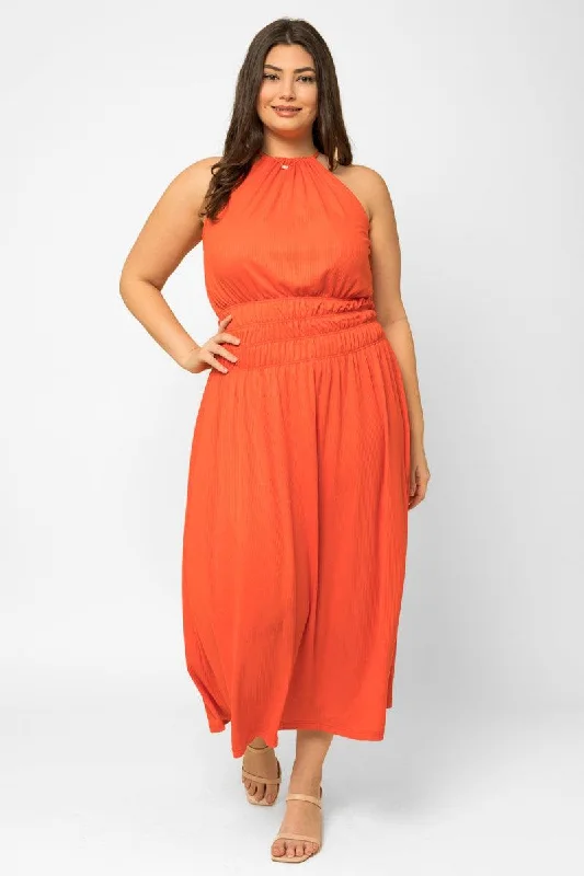 Plus size dresses with shiny threads reflect light -Plus Size Ribbed Halter Elastic Waist Maxi Dress