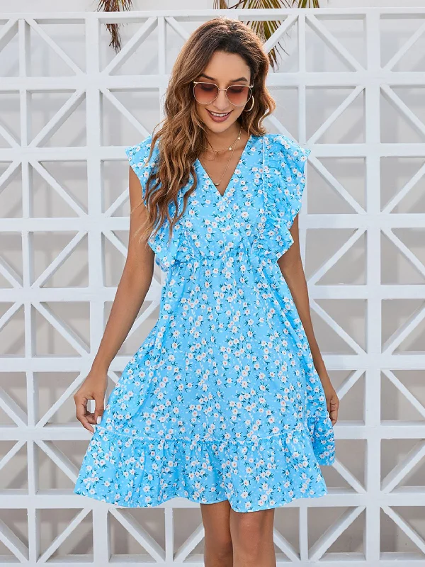 Plus size dresses for outdoor parties stay fun -Ruffled Ditsy Floral Surplice Mini Dress