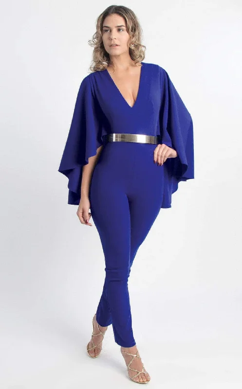 Plus size dresses for special occasions dazzle effortlessly -MNM Couture - L0025 Cape Sleeve Ankle Length Jumpsuit