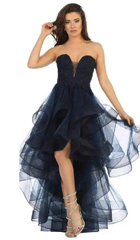 Plus size dresses featuring glitter accents sparkle bold -May Queen - Lace Appliqued Plunging Sweetheart High Low Dress RQ7716 - 1 pc Navy In Size 16 Available