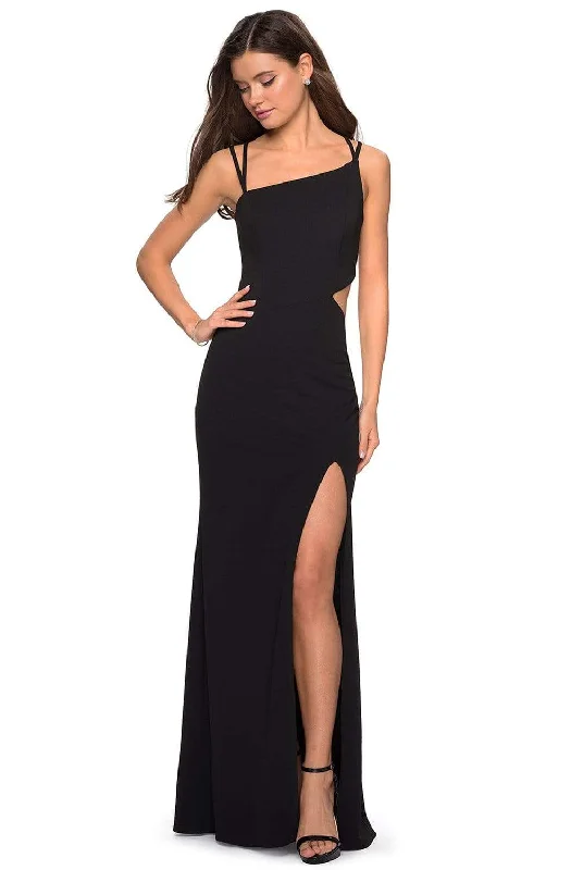 Plus size dresses for power dressing empower daily -La Femme - 27126 Asymmetrical Neckline Strappy Jersey Evening Dress