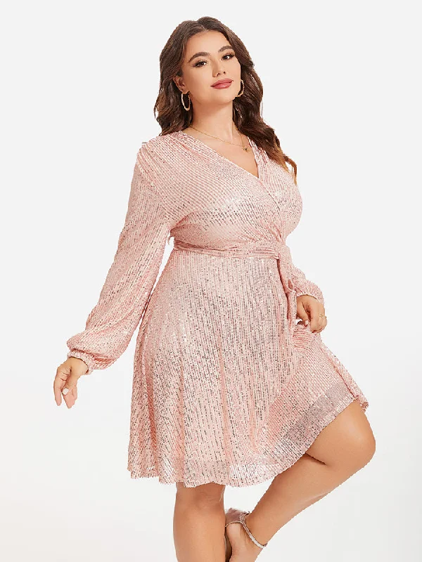 Plus size dresses for outdoor parties stay fun -V-Neck Lantern Sleeve Belted Sequin Dress