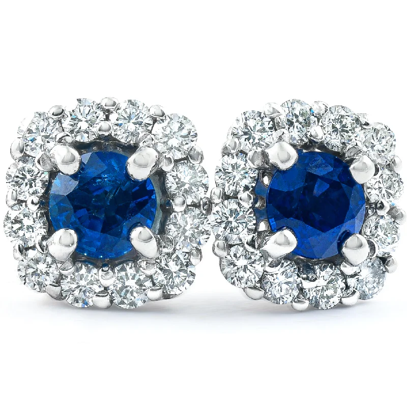 Hoop earrings with intricate designs for a unique and artistic appearance-1 3/8 Ct Genuine Blue Sapphire & Diamond Cushion Halo Studs 14k White Gold