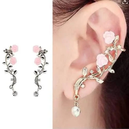 Best hoop earrings with baroque pearls for a luxurious and elegant vibe-Elegant Pink Flower Womens Cuff Earring Silver Gold Color