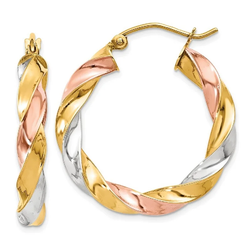 Best hoop earrings with enamel details for a colorful and modern look-Curata 14k Tri-color Gold Light 4x29mm Twisted Hoop Earrings