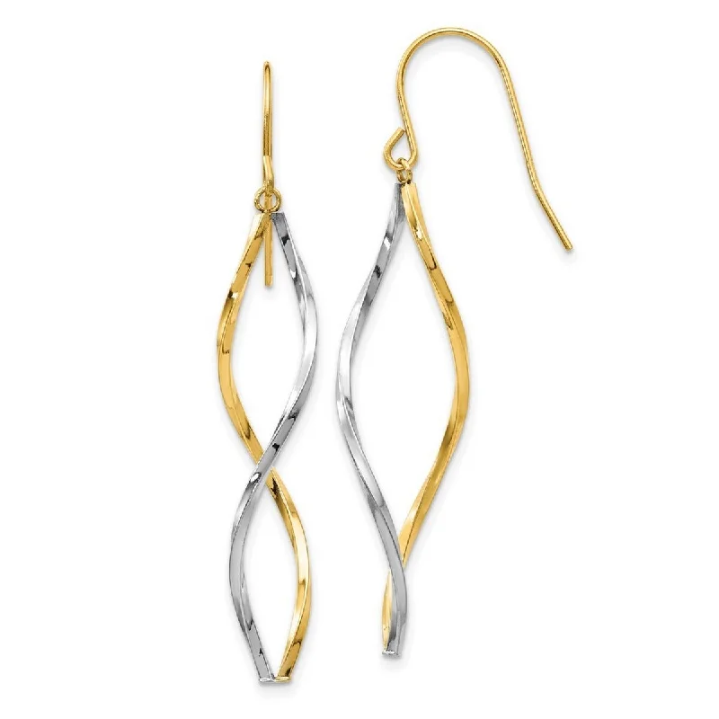 Hoop earrings with artistic filigree designs for an intricate, delicate finish-Curata 14k Two Tone Gold Twist Long Drop Dangle Hook Earrings - 46x11mm