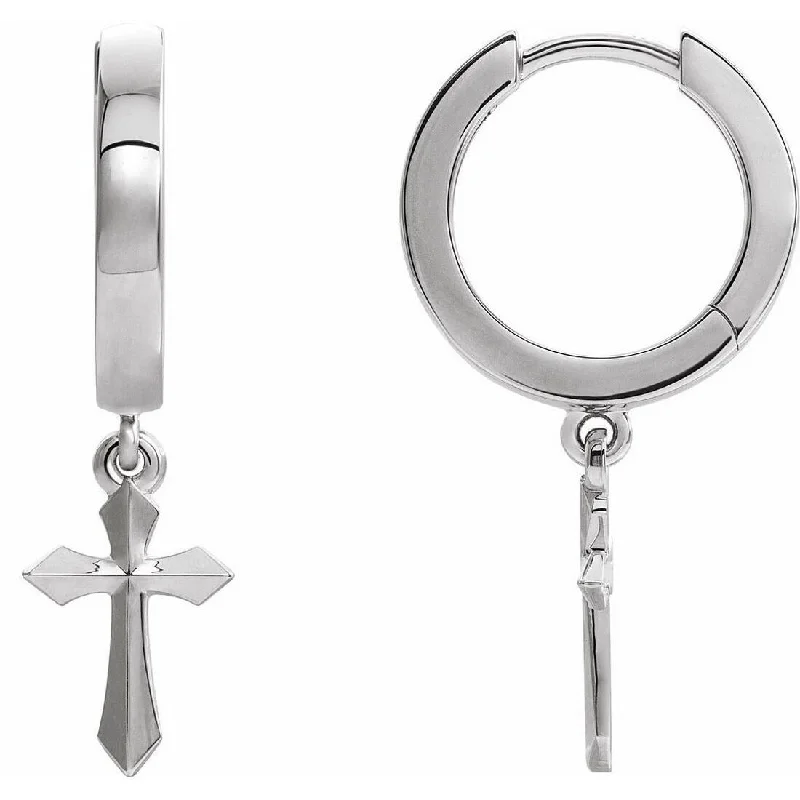 Hoop earrings with intricate designs for a unique and artistic appearance-Curata 14k White Gold Polished Beveled Cross Dangle Hinged Hoop Earrings 20.1x2.4 mm