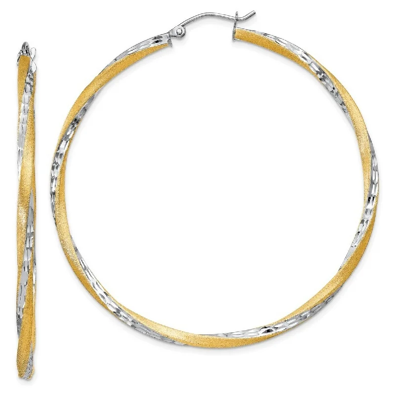 Best hoop earrings with vintage-style detailing for a nostalgic and timeless look-Curata 14k Yellow Gold and Rhodium Sparkle Cut 56.5x 2.5mm Twisted Hoop Earrings