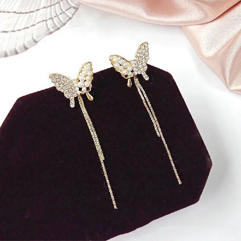 Best hoop earrings with oval shapes for a unique and elongated design-Korean Fashion Diamond Pearl Butterfly Earrings Long Tassel