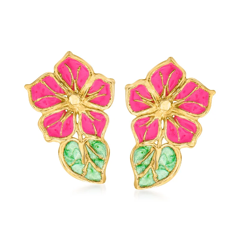 Hoop earrings with removable pendants for a versatile and customizable accessory-Ross-Simons Italian Pink and Green Enamel Flower Earrings in 14kt Yellow Gold