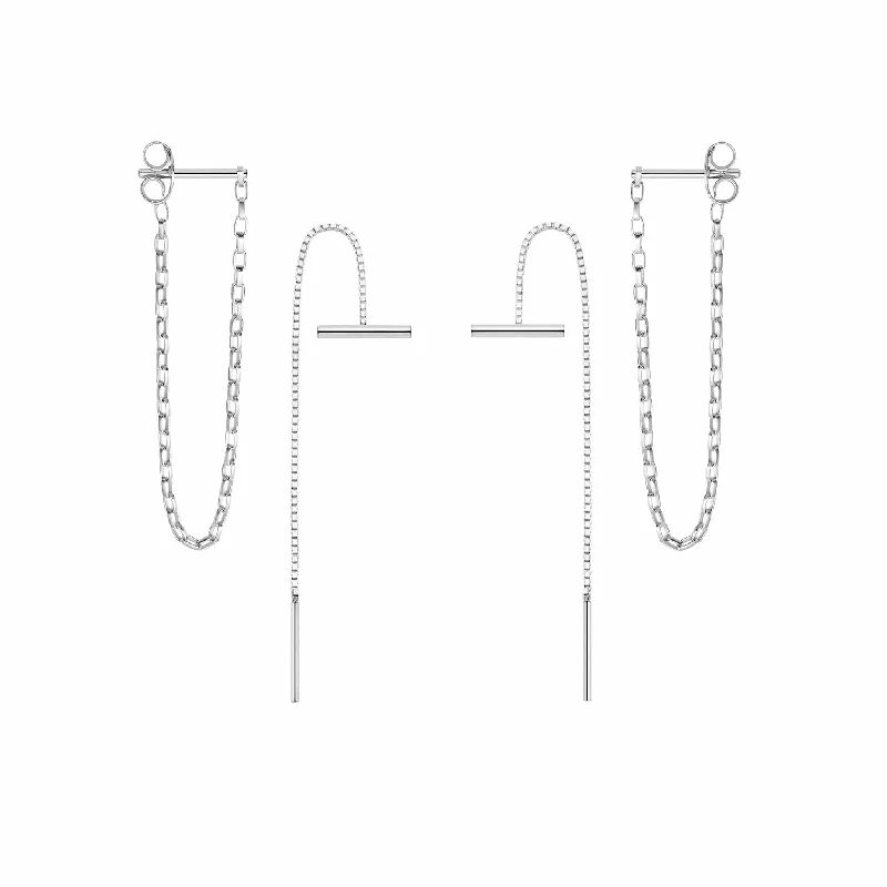 Hoop earrings with a chunky design for a bold and trendy statement-T Bar Box Chain Duo Earring Set Sterling Silver