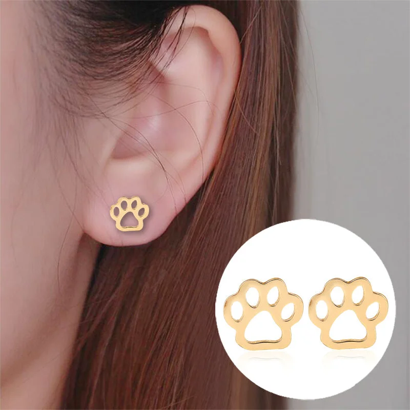 Best hoop earrings with butterfly motifs for a playful and whimsical appearance-Wholesale Hollow Out Dog Paw Cat Paw Stainless Steel Ear Studs