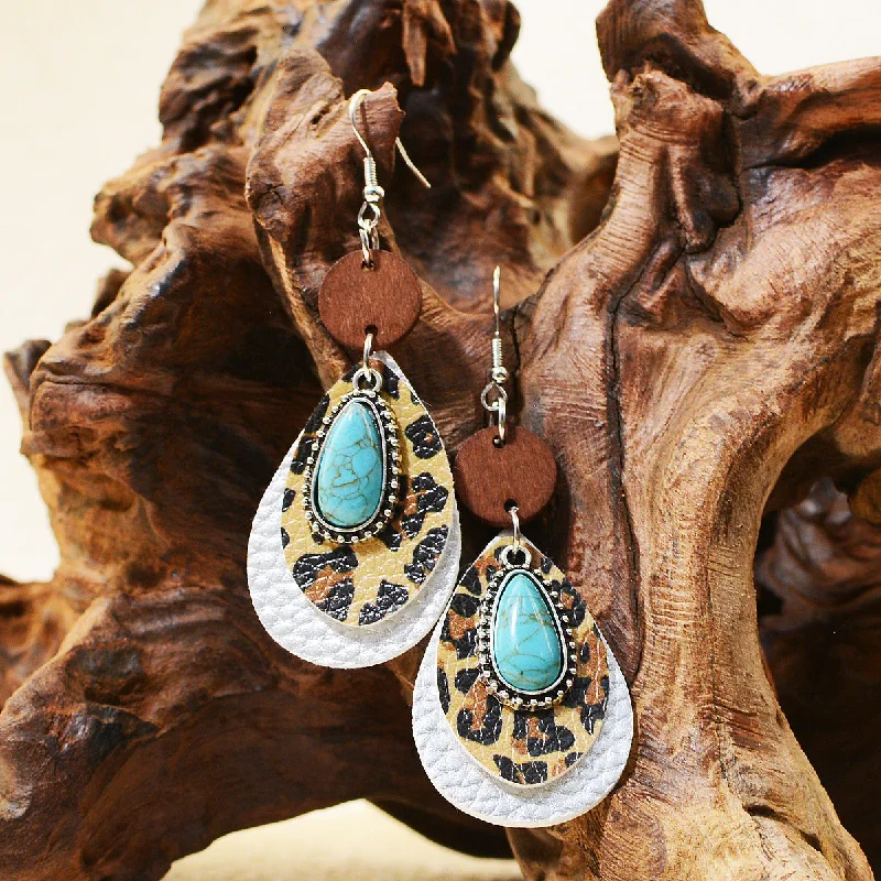 Hoop earrings with artistic filigree designs for an intricate, delicate finish-Wholesale of Western Style Multi-layer Leopard Patterned Alloy Turquoise Leather Earrings