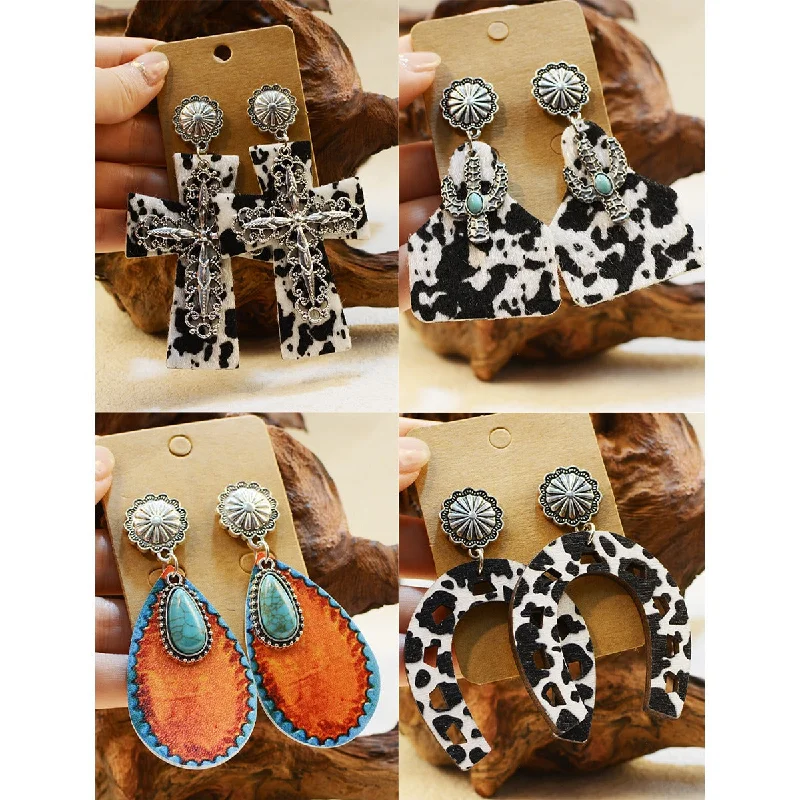 Best hoop earrings with sparkling cubic zirconia for a brilliant, budget-friendly effect-Wholesale of Western Wind Cow Pattern Turquoise Alloy Horseshoe Leopard Pattern Cross Leather Earrings