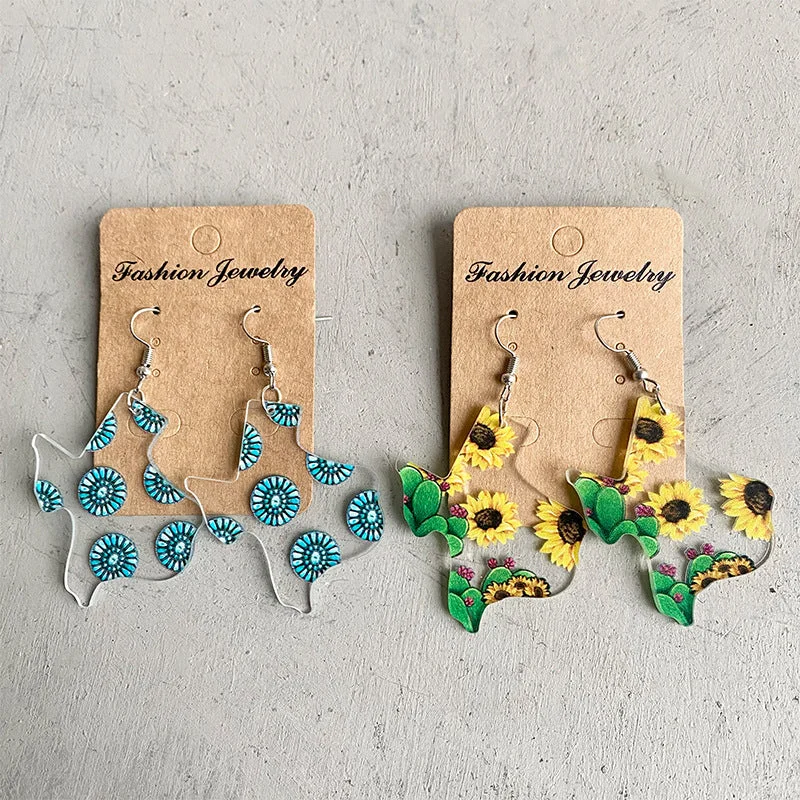 Best hoop earrings with geometric hexagon shapes for a modern, angular look-Wholesale USA Texas Map Sunflower Cactus Print Western Style Acrylic Earrings