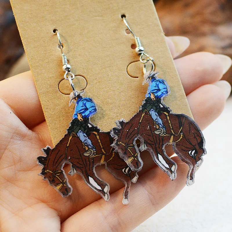 Hoop earrings with enamel stripes for a colorful and eye-catching design-Wholesale Western Style Denim Horse Riding Acrylic Earrings